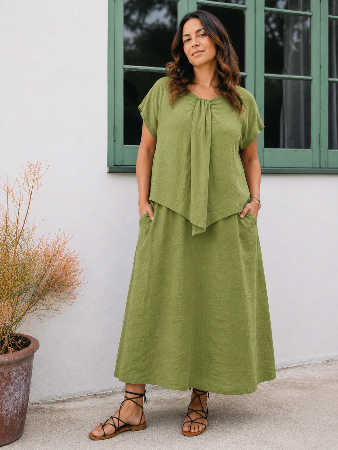 Rochie midi din in verde fistic, cu efect două piese și croială amplă — All Above Boutique.