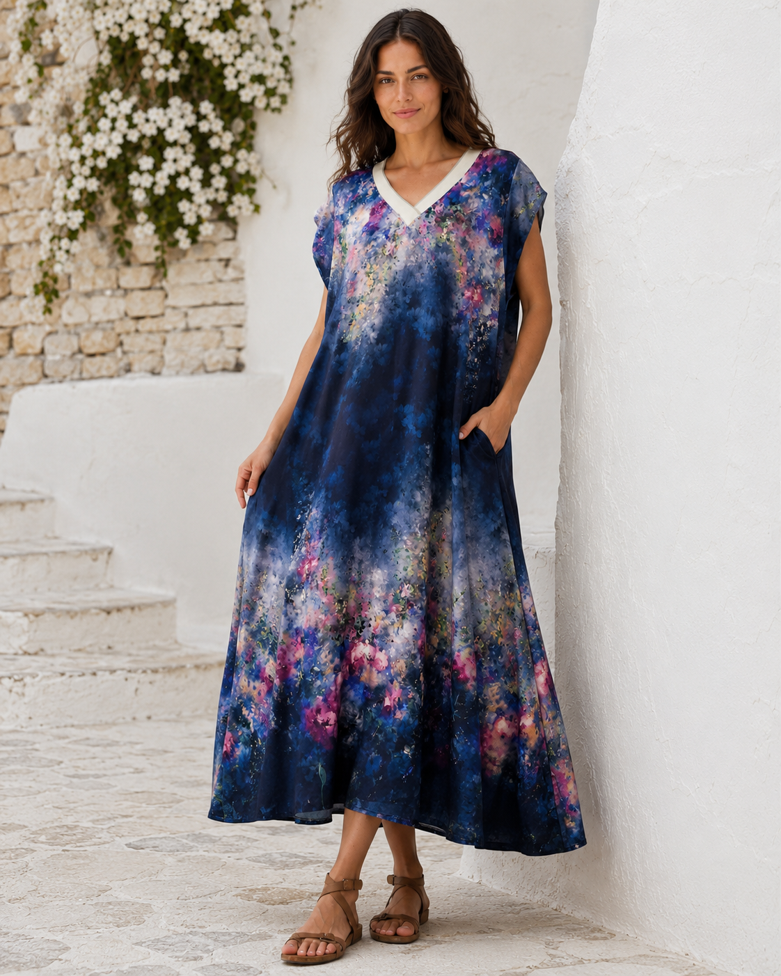 Rochie kaftan bleumarin cu decolteu în V și imprimeu pastelat, vedere frontală. All Above Boutique.