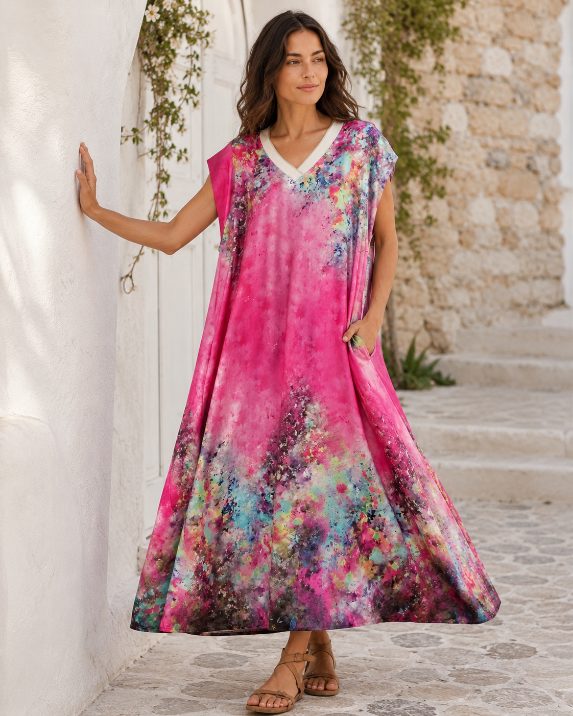Rochie kaftan roz cu decolteu în V și imprimeu pastelat, vedere frontală. All Above Boutique.