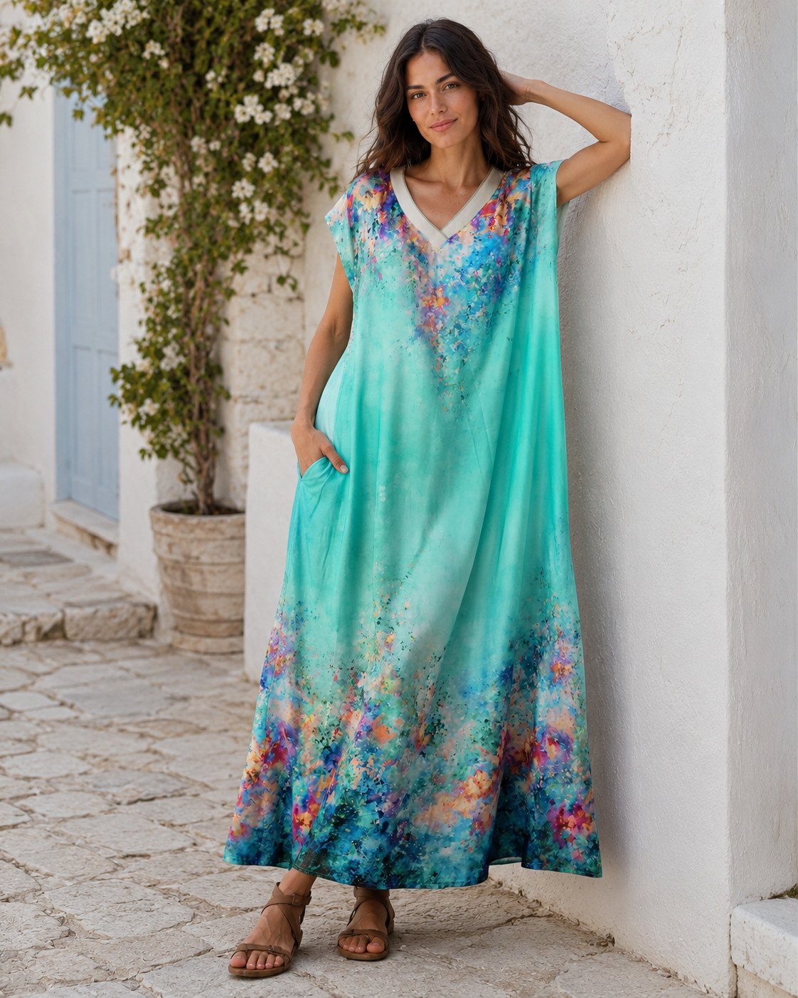 Rochie kaftan turcoaz cu decolteu în V și imprimeu pastelat, vedere frontală. All Above Boutique.