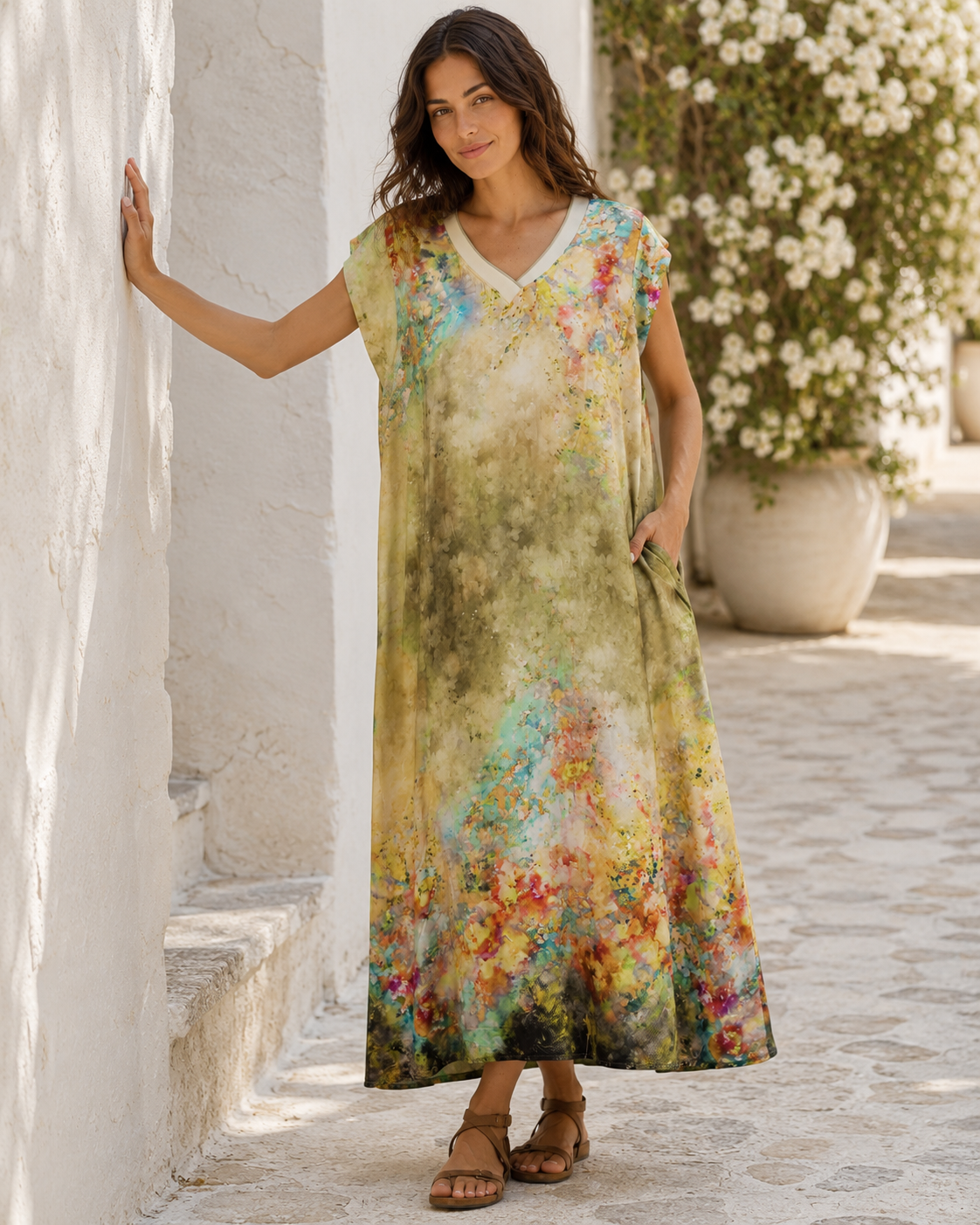 Rochie kaftan verde fistic cu decolteu în V și imprimeu pastelat, vedere frontală. All Above Boutique.