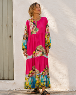 Rochie lungă satinată cu decolteu V și șnur, imprimeu Amalfi mediteranean, vedere frontală. All Above Boutique.