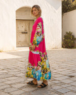 Rochie lungă satinată cu imprimeu Amalfi, vedere laterală. All Above Boutique.