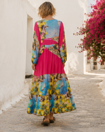 Rochie lungă satinată cu șnur și imprimeu Amalfi, vedere din spate. All Above Boutique.