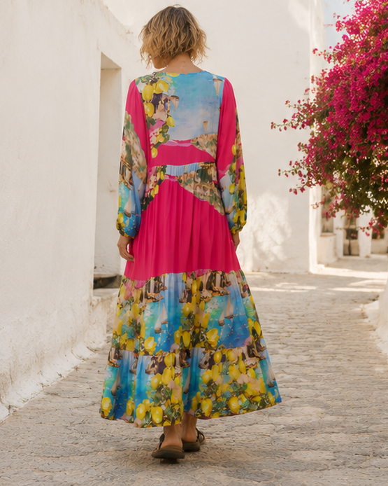 Rochie lungă satinată cu șnur și imprimeu Amalfi, vedere din spate. All Above Boutique.