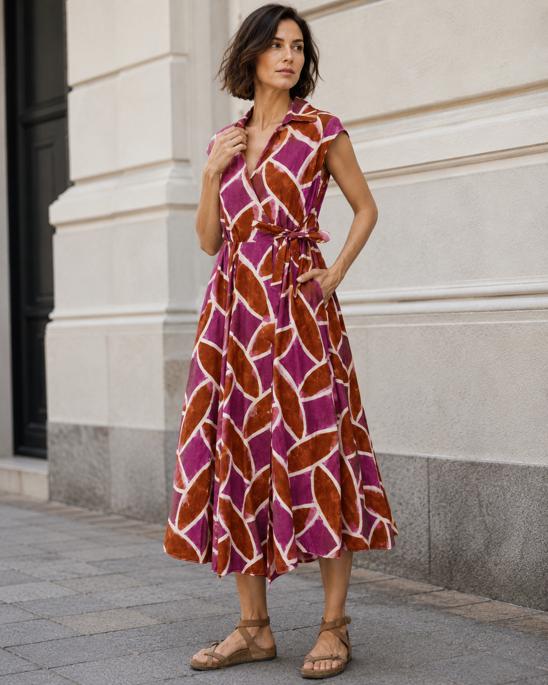 Rochie midi cambrată roz din bumbac cu imprimeu colorat, vedere frontală. All Above Boutique.