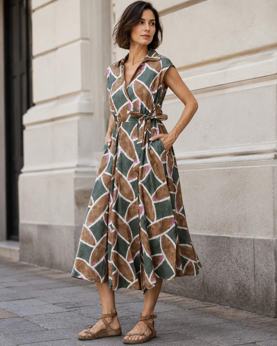 Rochie midi cambrată verde închis din bumbac cu imprimeu colorat, vedere frontală. All Above Boutique.