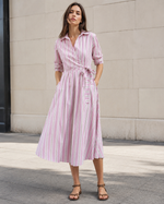 Rochie petrecută din bumbac cu imprimeu în dungi și croială wrap, vedere frontală. All Above Boutique.
