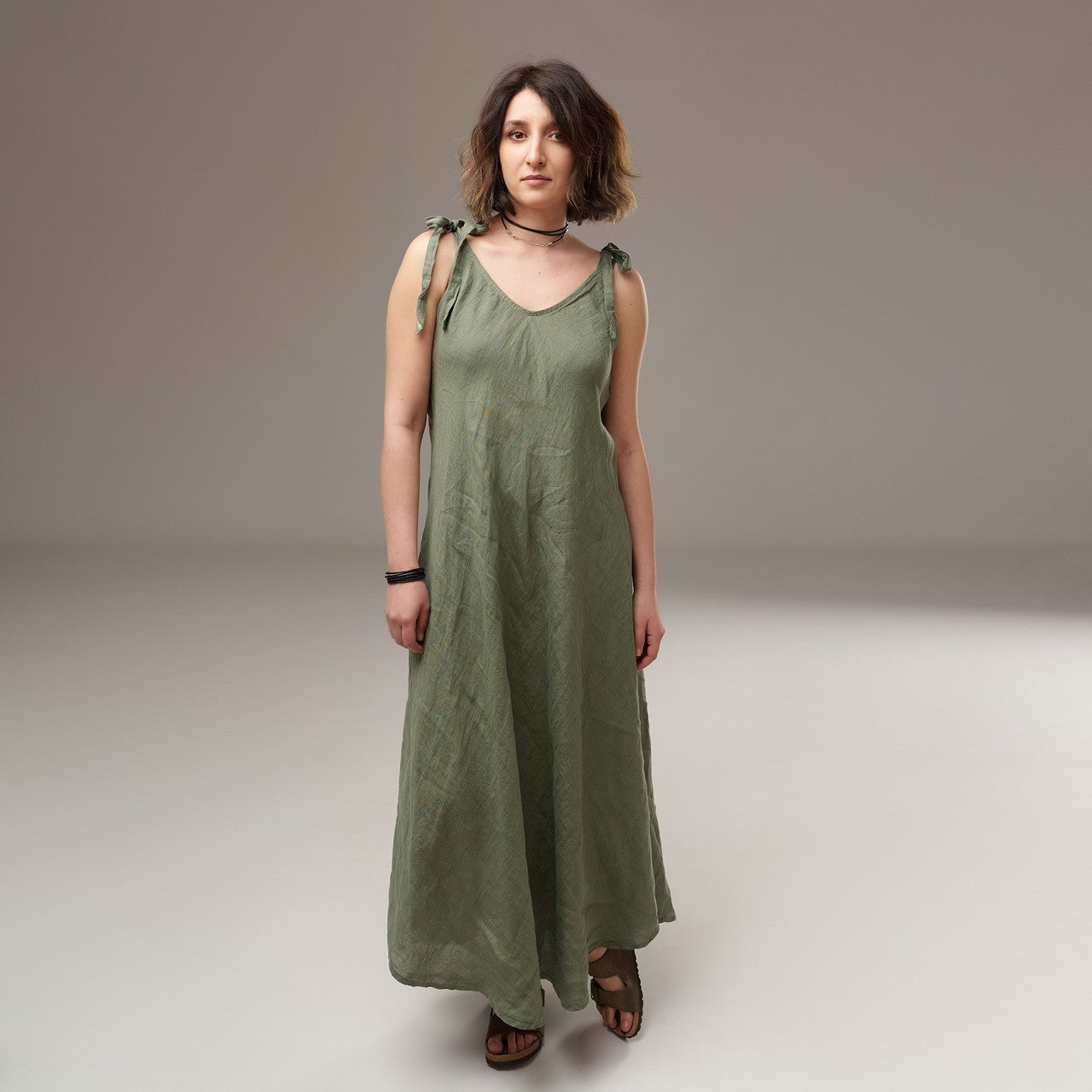 Rochie Maxi Din In Cu Bretele Reglabile Și Croială Lejeră