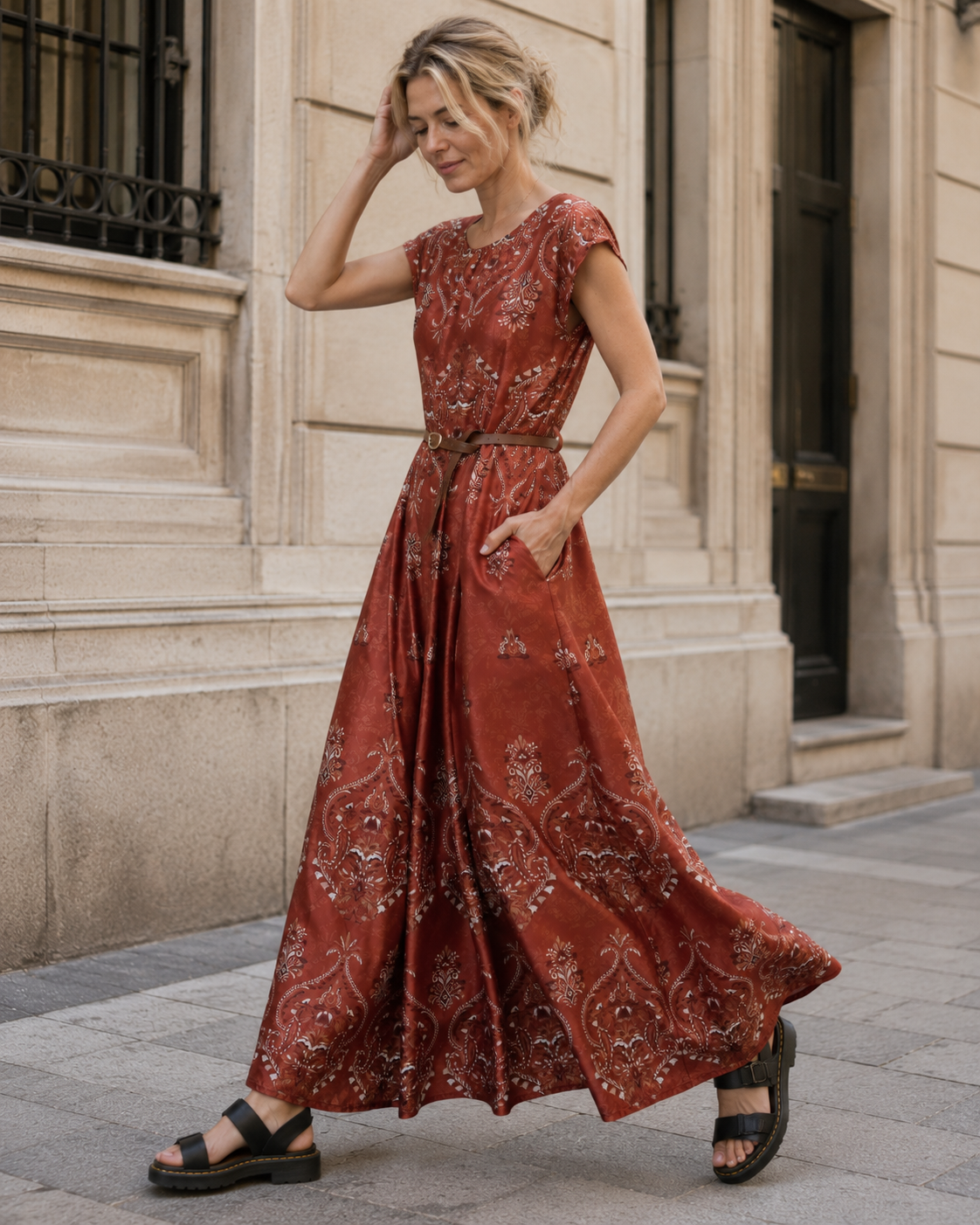 Salopetă lungă satinată cu imprimeu floral, vedere ansamblu produs. All Above Boutique.