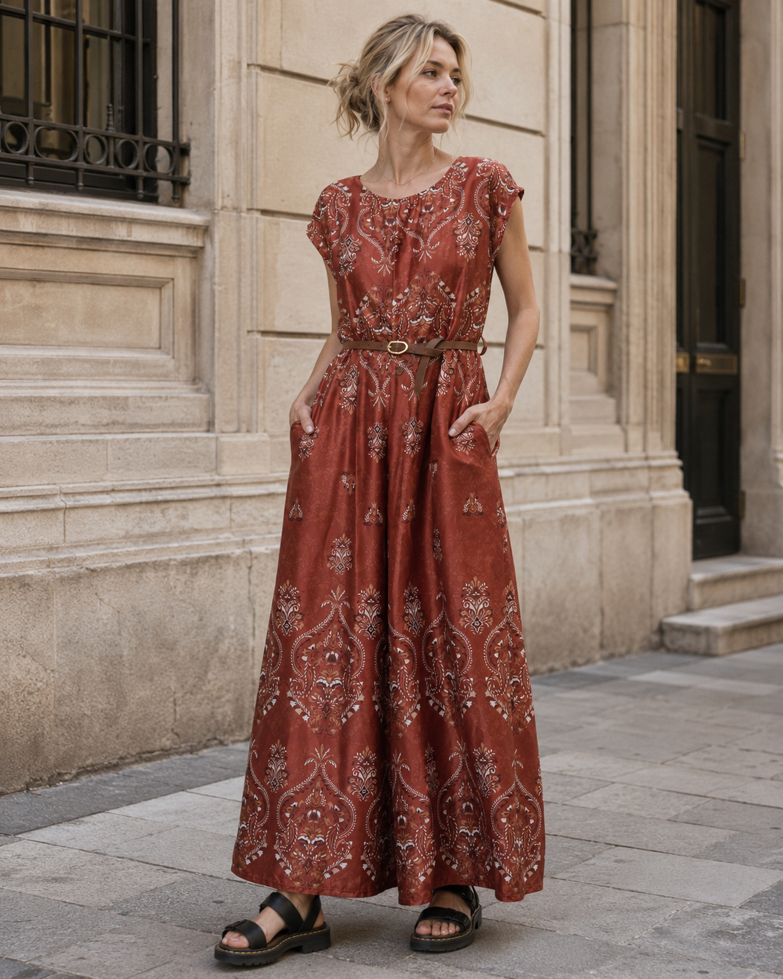 Salopetă lungă satinată cu decupaj la spate și imprimeu floral, vedere laterală. All Above Boutique.