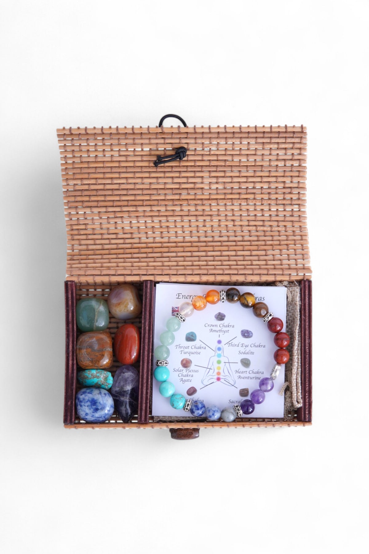 Set cu 7 cristale naturale și brățară elastică, prezentate într-o cutie împletită, alături de cristalieră ilustrată.