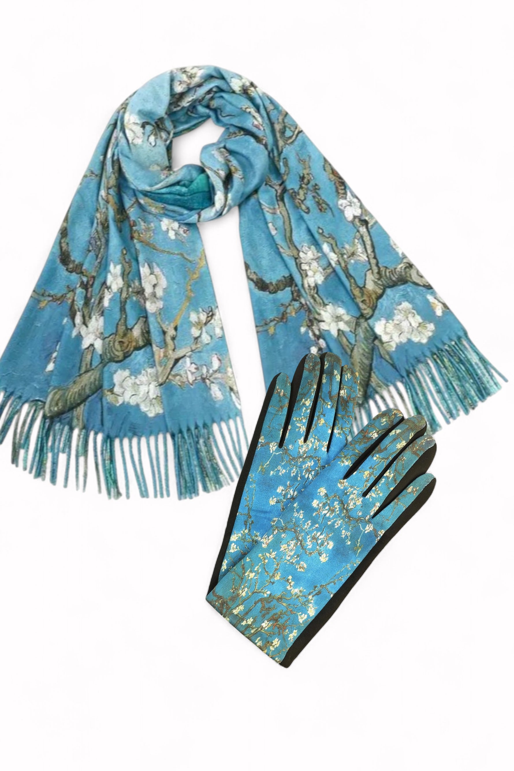 Set elegant cu eșarfă și mănuși imprimate cu model artistic albastru, ambalate pentru cadou.