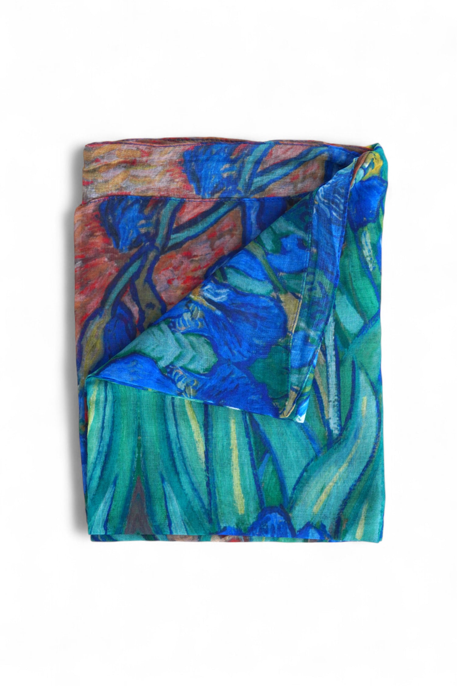 Eșarfă și portofel asortate, cu imprimeu vibrant verde-albastru, prezentate frontal.