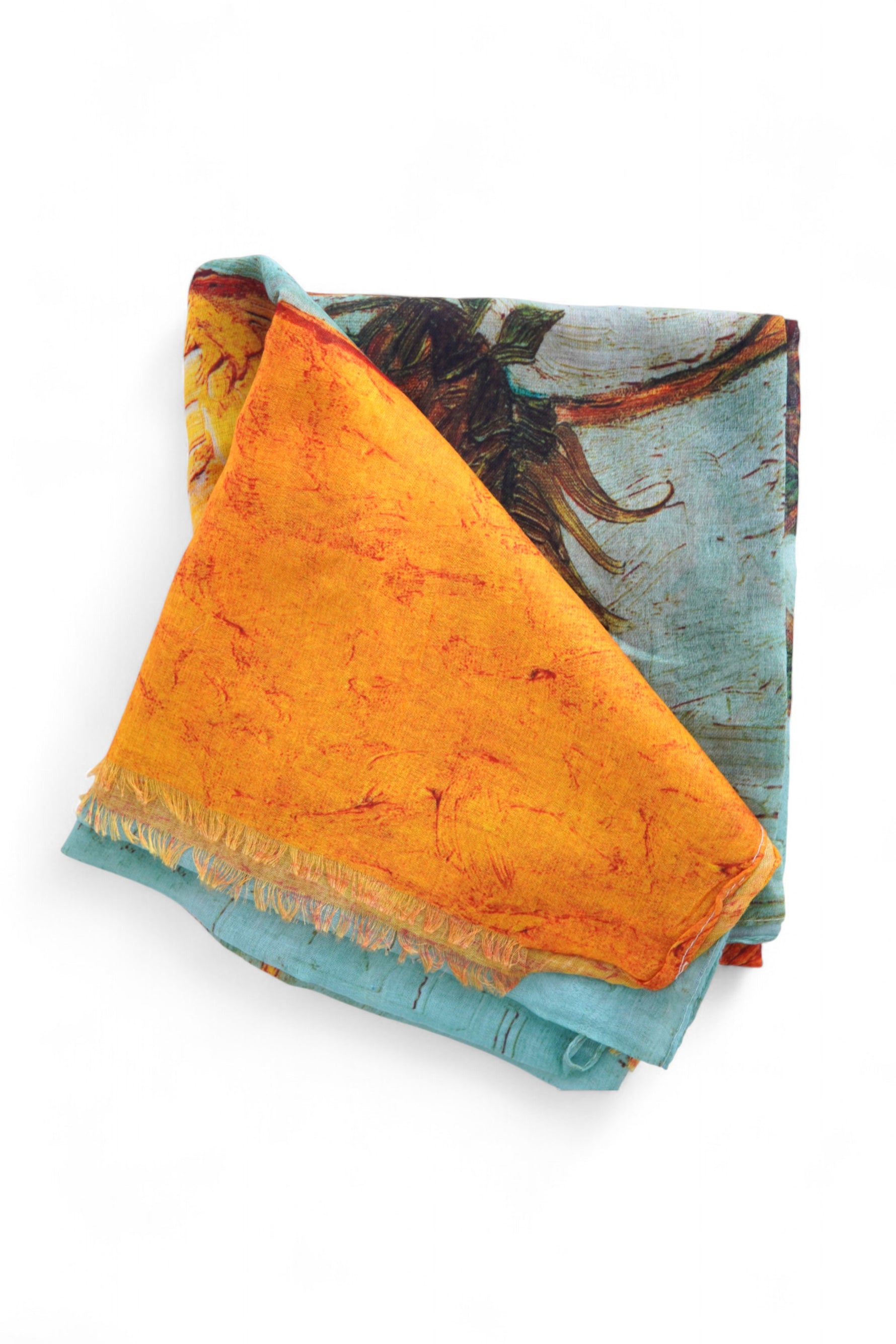 Eșarfă pliată cu imprimeu Floarea Soarelui și portofel asortat, surprinse în tonuri vibrante de galben și turcoaz.