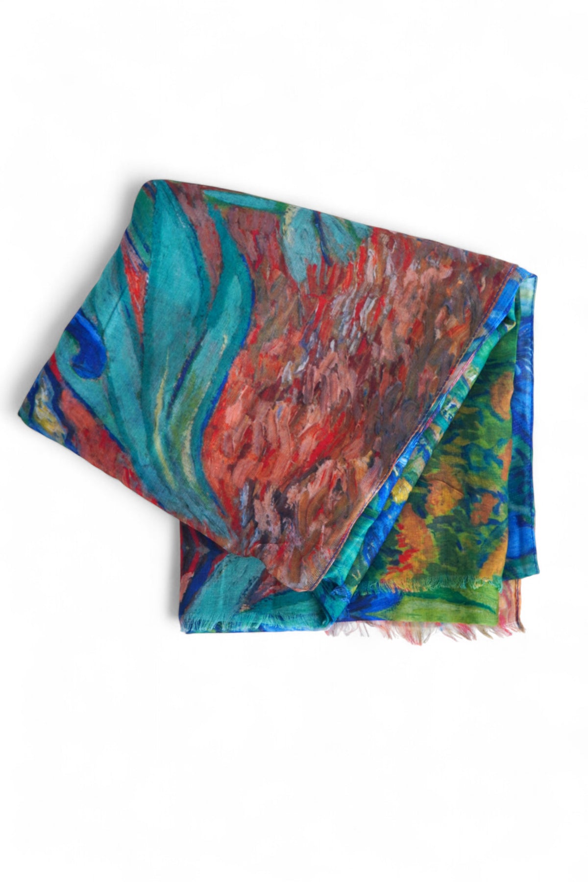 Eșarfă și umbrelă cu imprimeu abstract colorat, așezate plat, pregătite pentru a fi ambalate cadou.