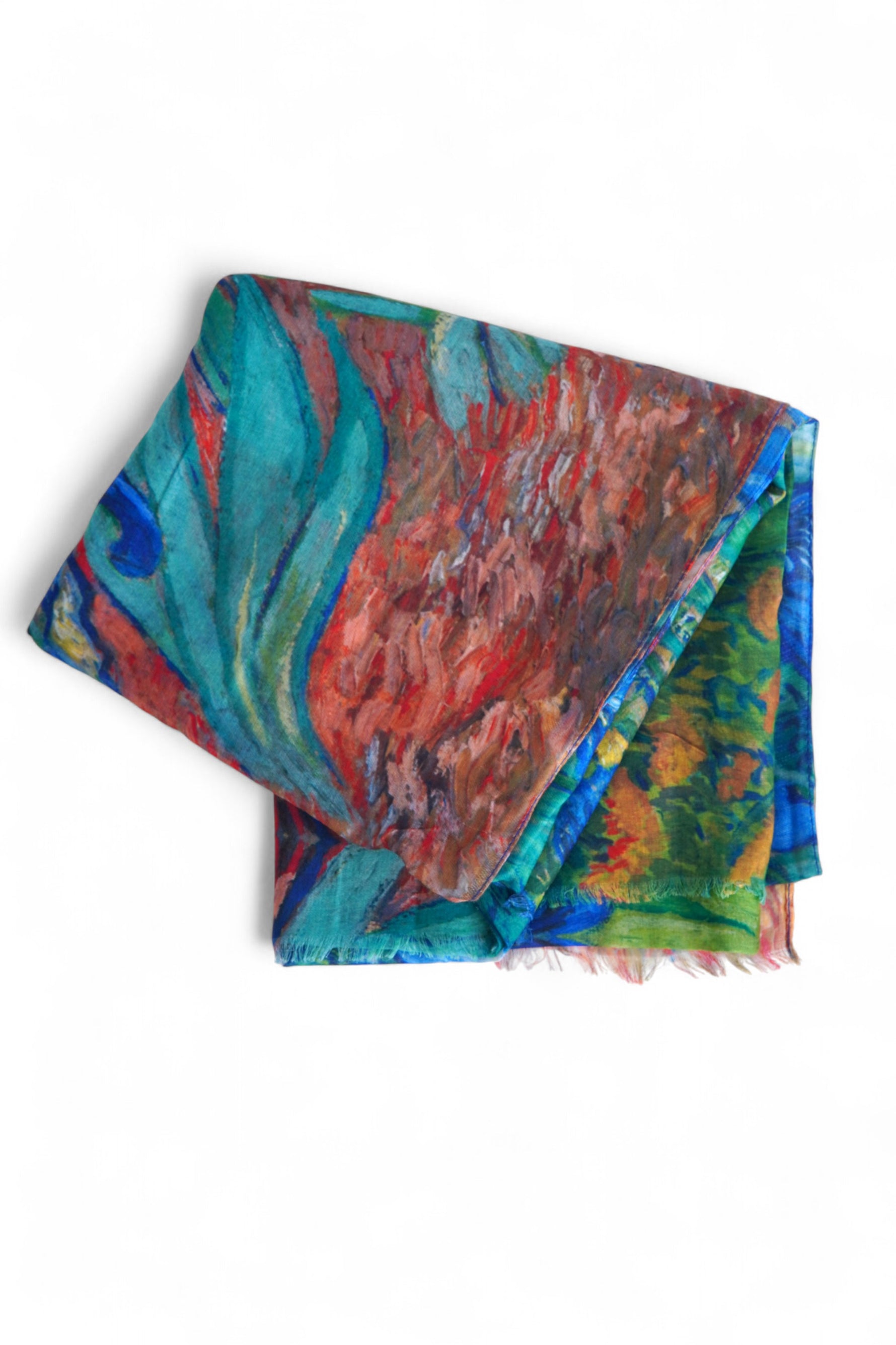 Eșarfă și umbrelă cu imprimeu abstract colorat, așezate plat, pregătite pentru a fi ambalate cadou.