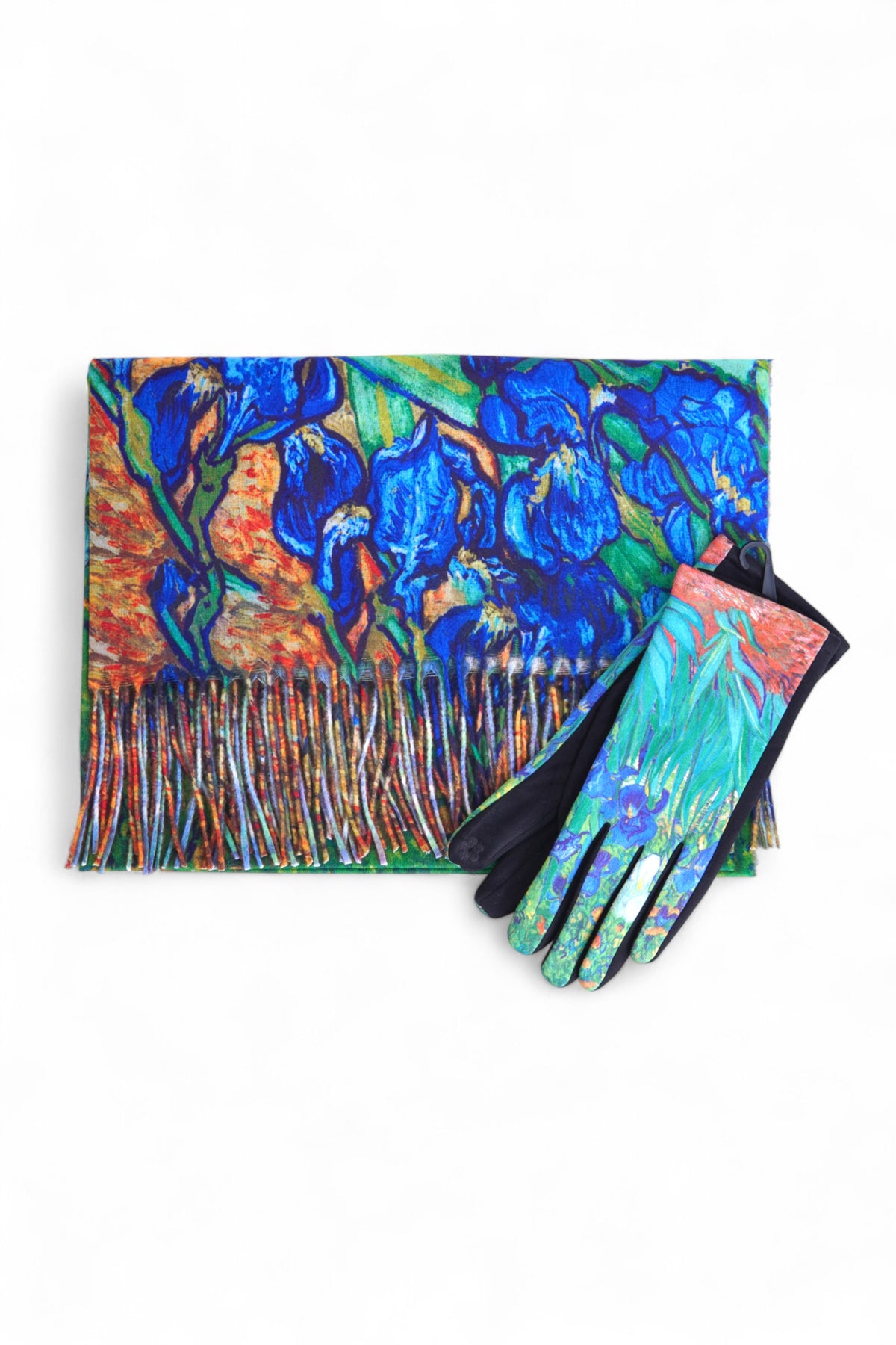 Set de mănuși cu imprimeu artistic multicolor, așezate pe un suport negru.