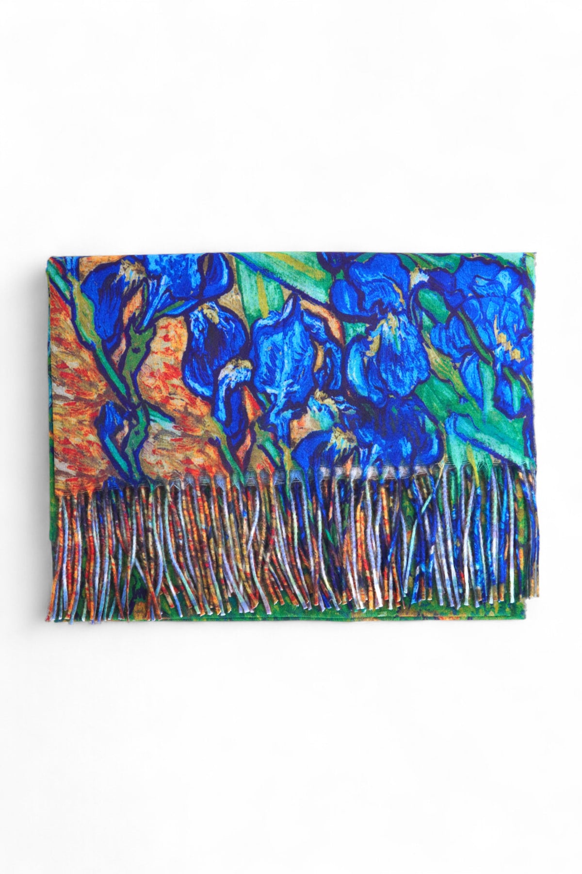 Mănuși și suport cu imprimeu artistic multicolor, prezentate dintr-o perspectivă orizontală.