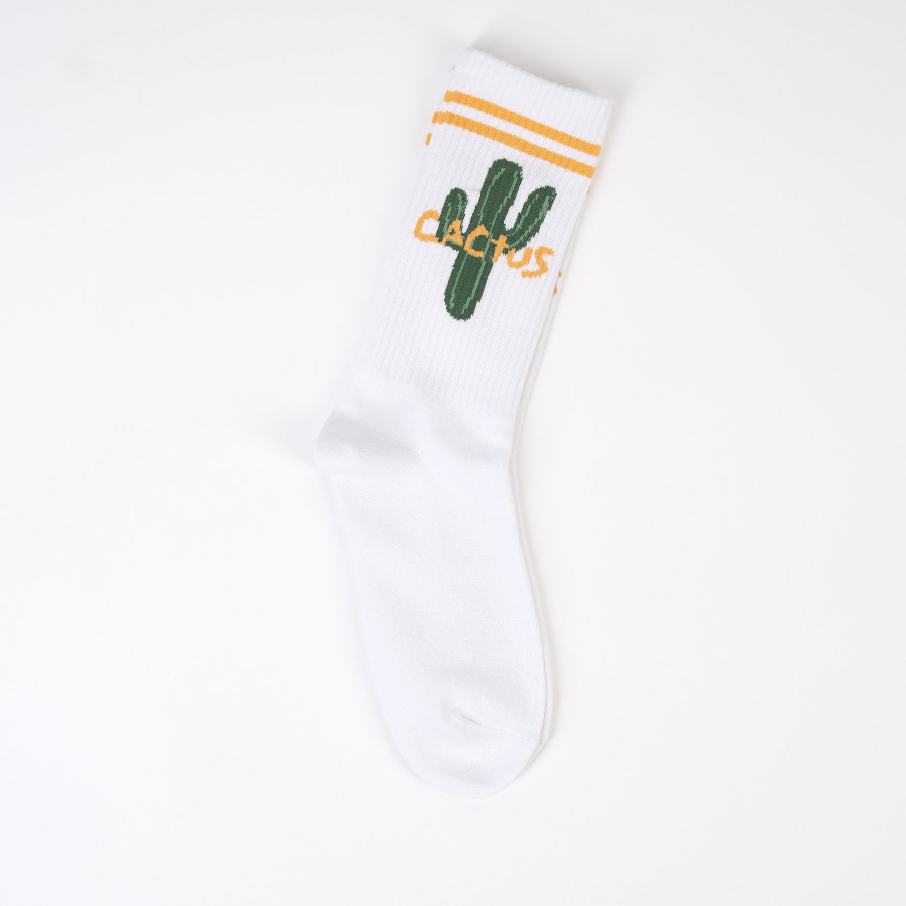 Șosetă albă tricotată, lungă până la gambă, cu model cactus și dungi galbene.