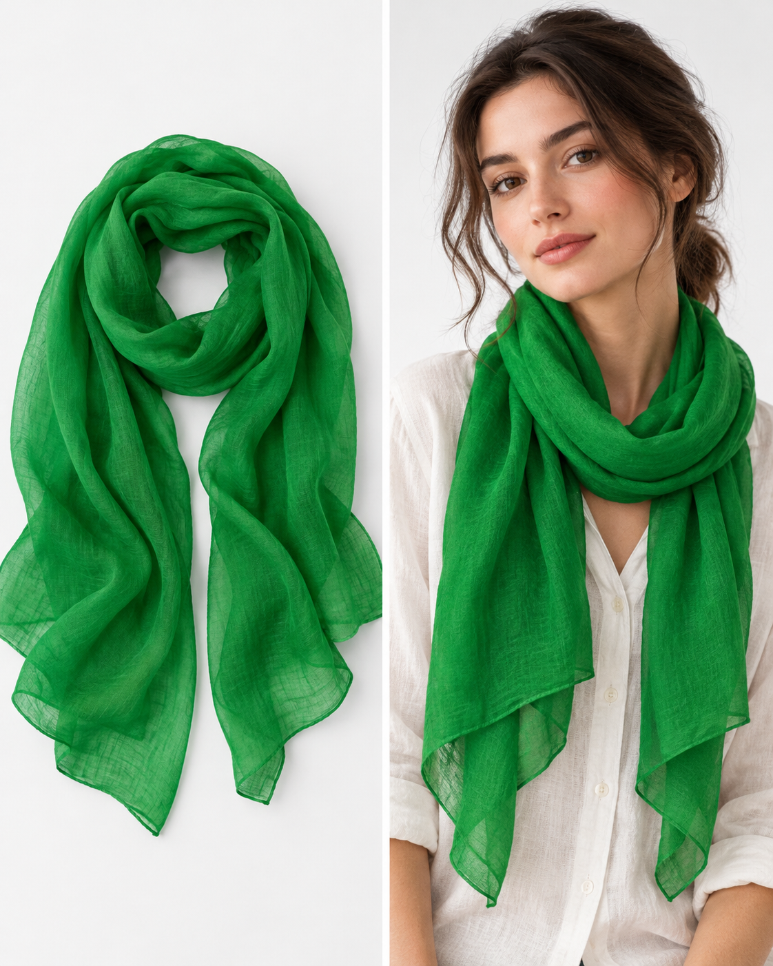 Eșarfă transparentă verde, ușoară și fluidă, purtată la gât - All Above Boutique