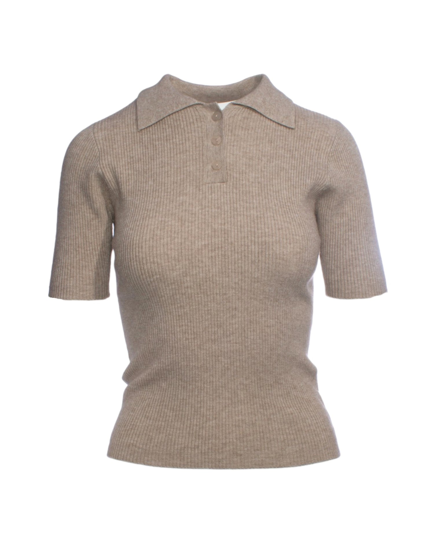 Top bej slim-fit cu guler clasic și nasturi, croială modernă.