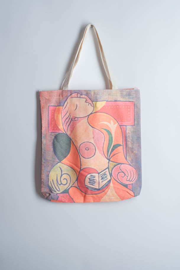 Geantă tote crem din pânză cu imprimeu artistic inspirat de Picasso, în nuanțe pastelate
