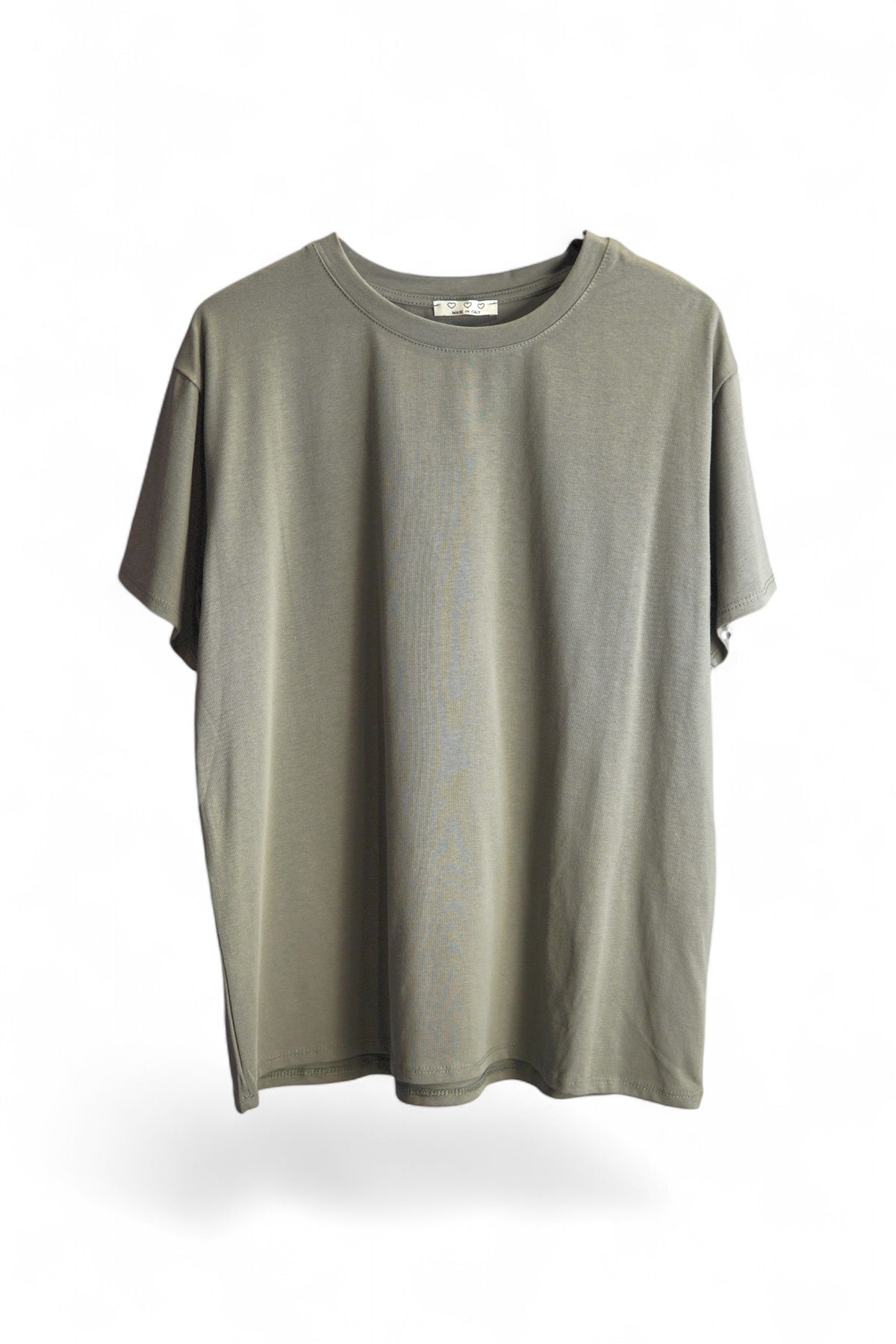 Tricou casual kaki din bumbac cu elastan, croială dreaptă și guler rotund
