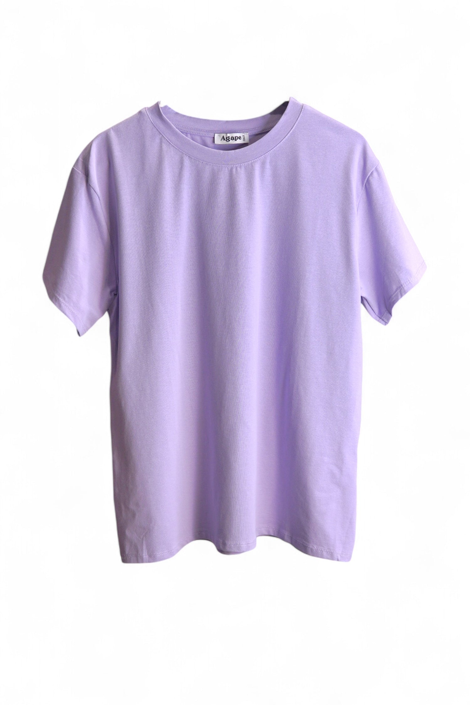 Tricou simplu lila din bumbac și elastan, cu mâneci scurte și guler rotund