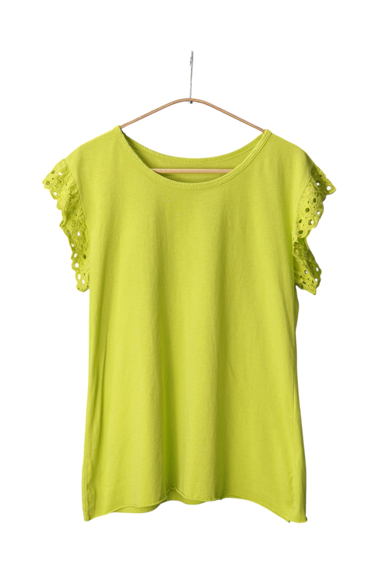 Tricou galben lime, din bumbac, cu mâneci scurte brodate și croială casual lejeră