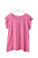 Tricou roz din bumbac cu mâneci scurte brodate tip broderie englezească, decolteu rotund