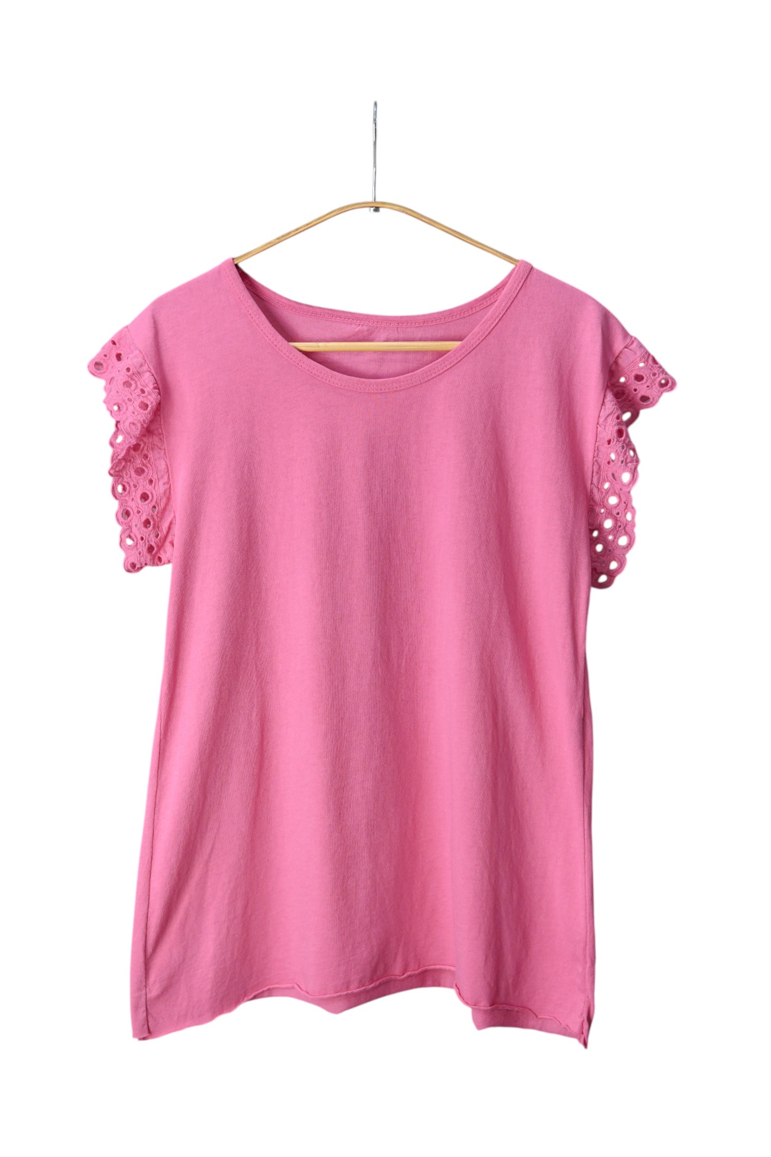 Tricou roz din bumbac cu mâneci scurte brodate tip broderie englezească, decolteu rotund