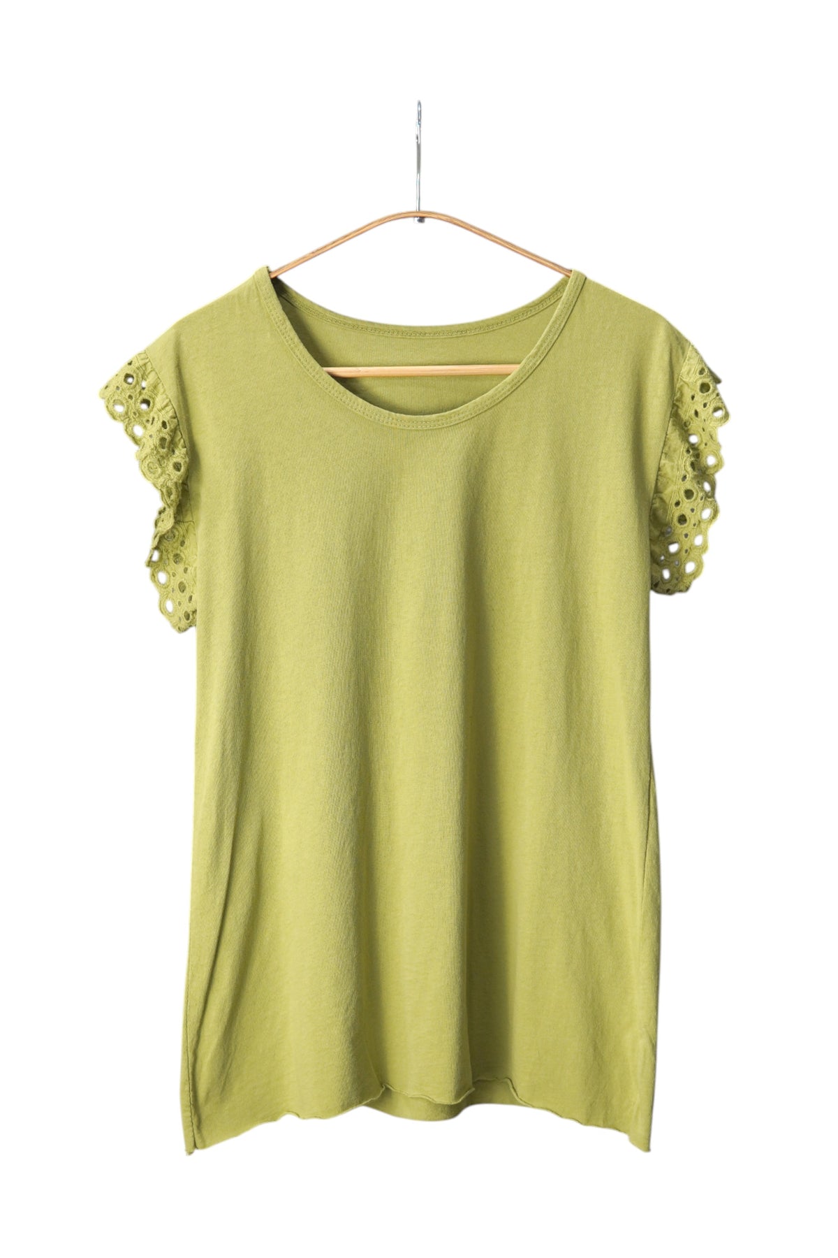 Tricou din bumbac verde olive, cu mâneci decorative perforate și guler rotund