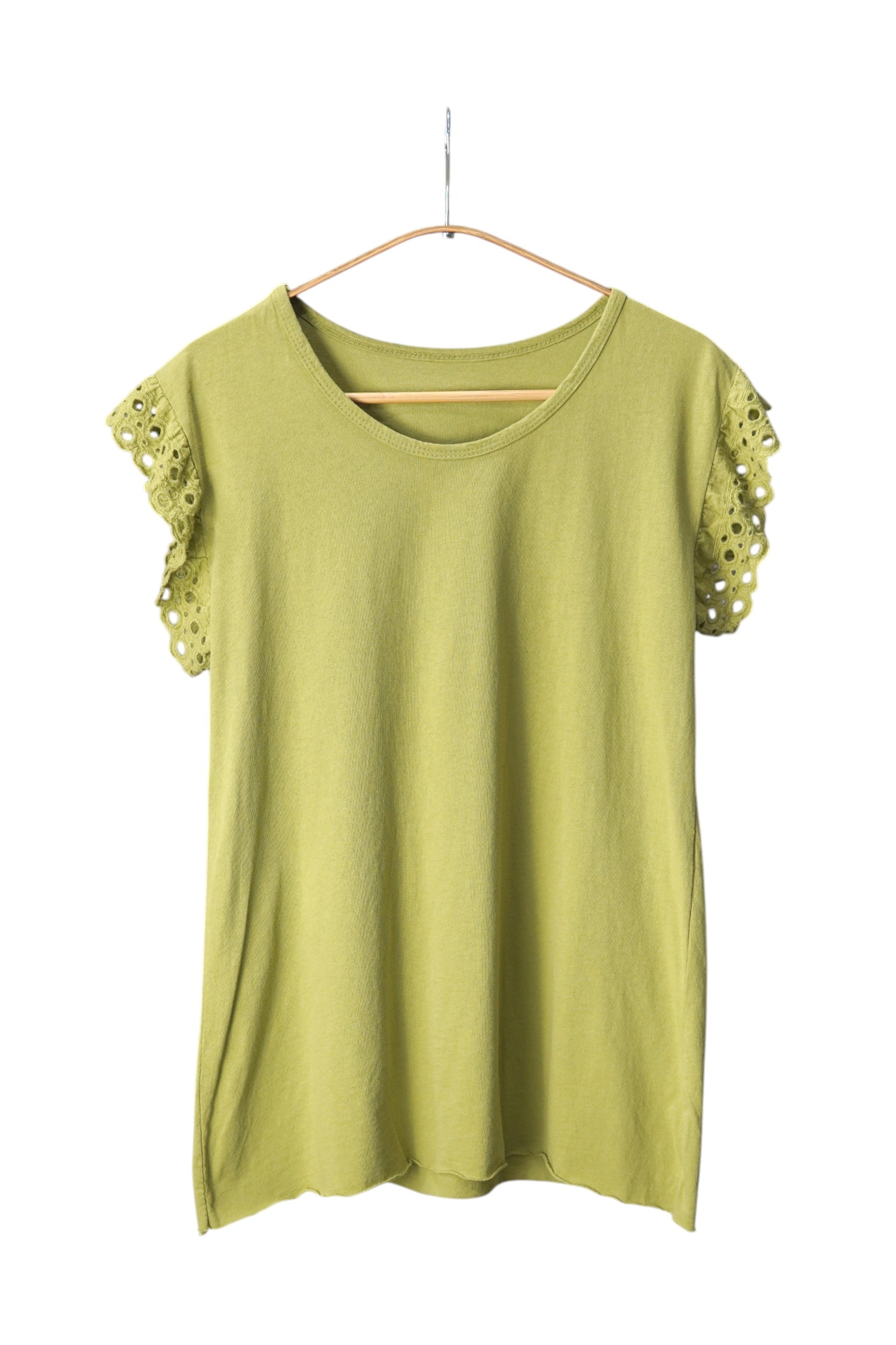 Tricou din bumbac verde olive, cu mâneci decorative perforate și guler rotund