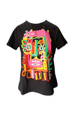 Tricou negru cu imprimeu abstract multicolor în stil art pop, model Love
