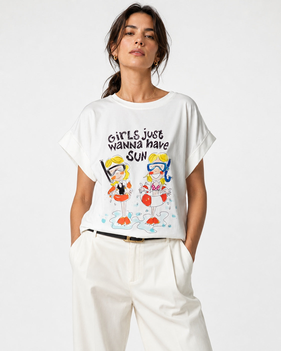 Tricou din bumbac cu mâneci rulate și mesaj „Girls wanna have sun”, vedere din față
