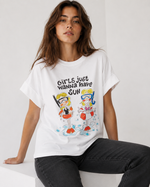 Tricou din bumbac cu mâneci rulate și mesaj „Girls wanna have sun”, vedere din față