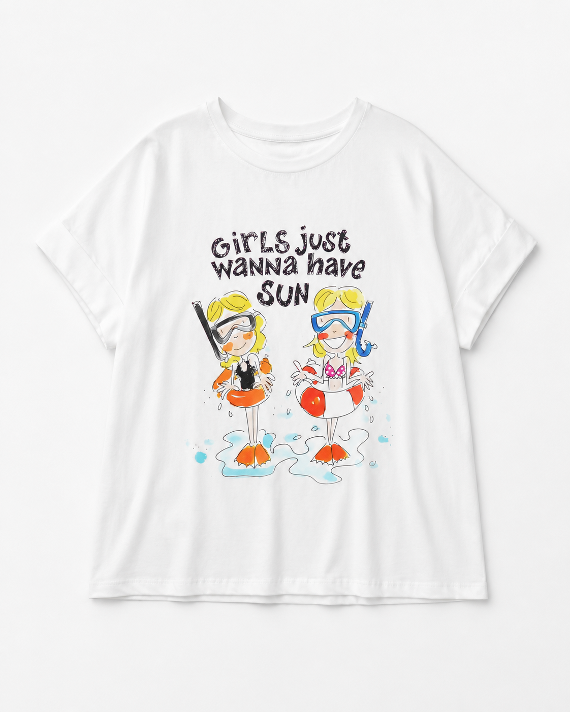 Tricou din bumbac cu mâneci rulate și mesaj „Girls wanna have sun”, vedere din față