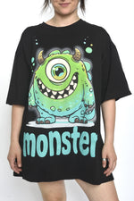  Tricou negru oversize cu imprimeu frontal cu monstru verde și text turcoaz „monster”