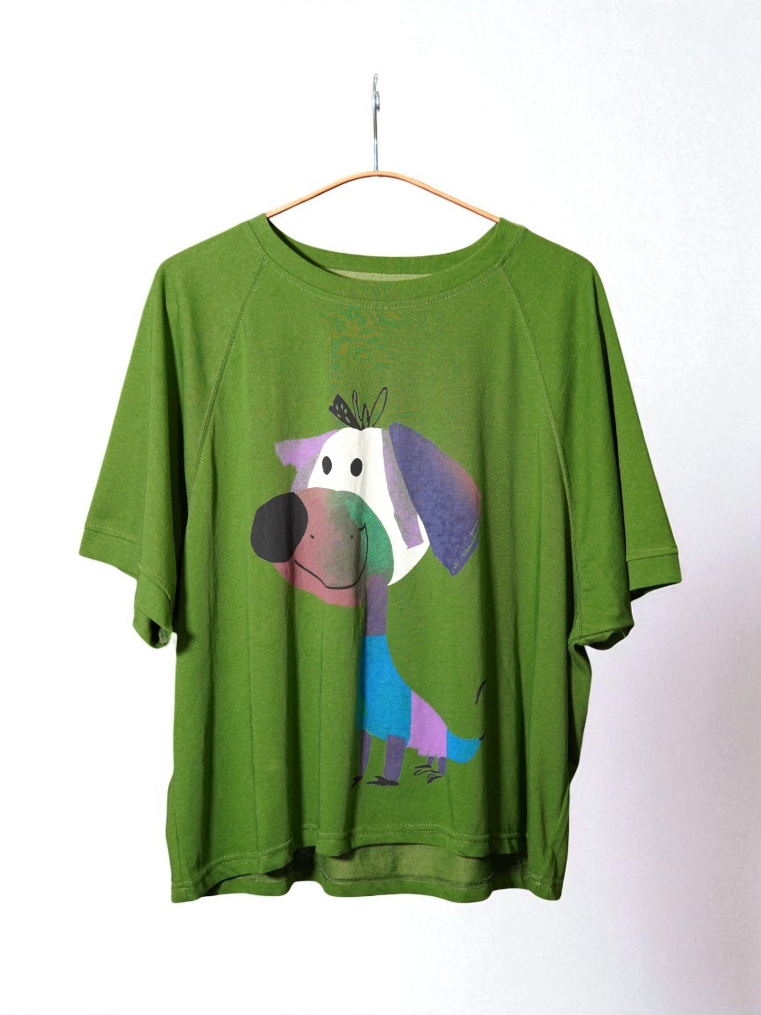 Tricou oversize verde cu mânecă scurtă și imprimeu haios cu cățel stilizat