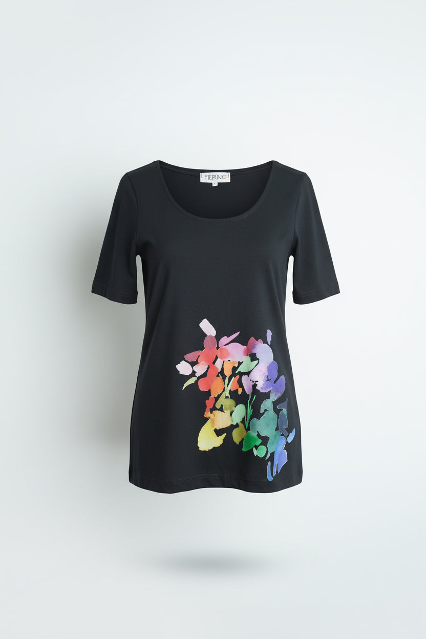 Tricou negru slim fit cu imprimeu floral viu colorat, guler rotund și linie simplă, potrivit pentru ținute casual