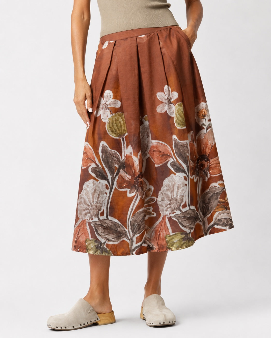 Fustă midi din tencel cu imprimeu floral, nuanța portocaliu închis, All Above Boutique.