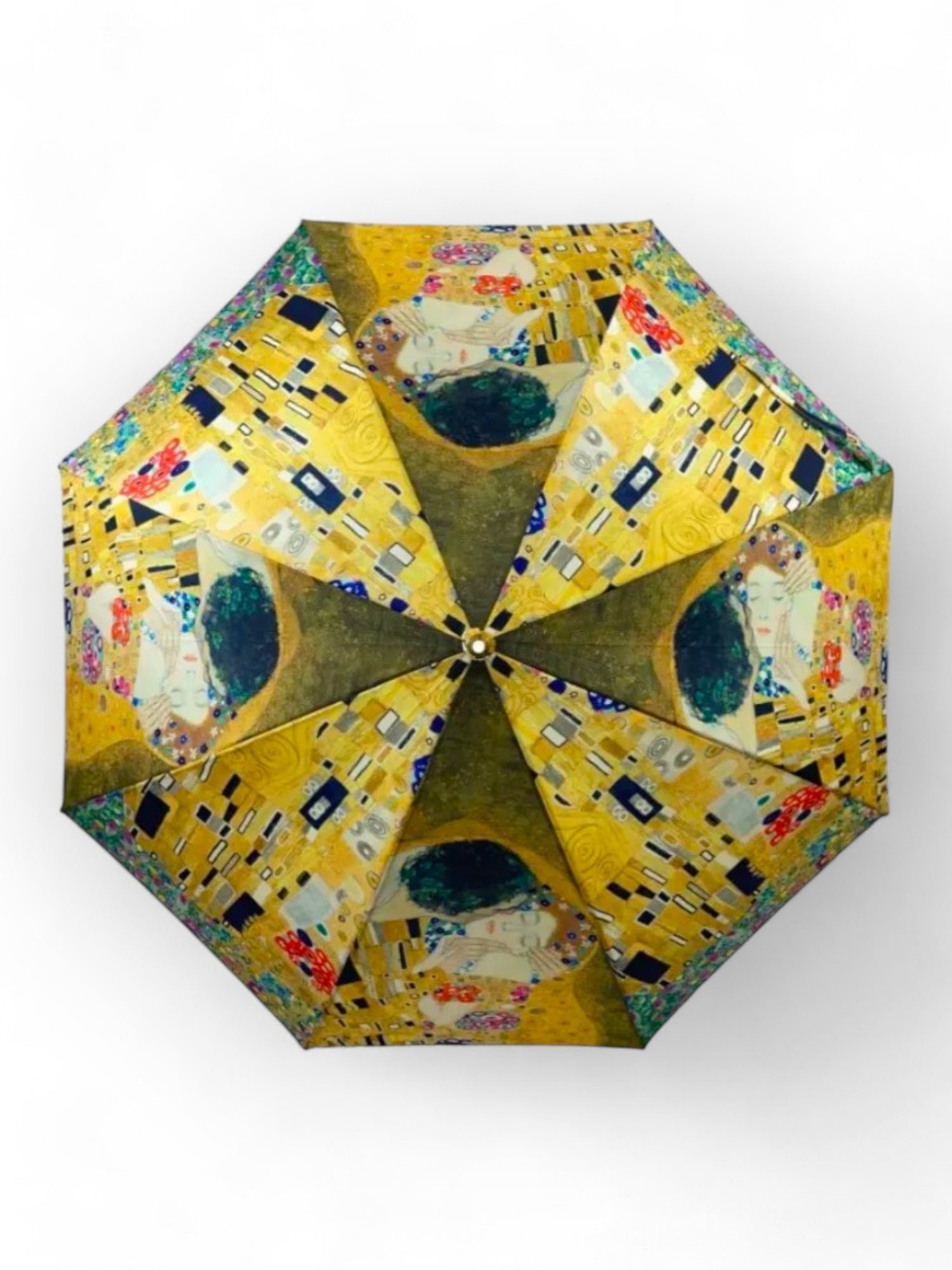 Vedere din interior a umbrelei cu imprimeu artistic Gustav Klimt și spițe metalice.