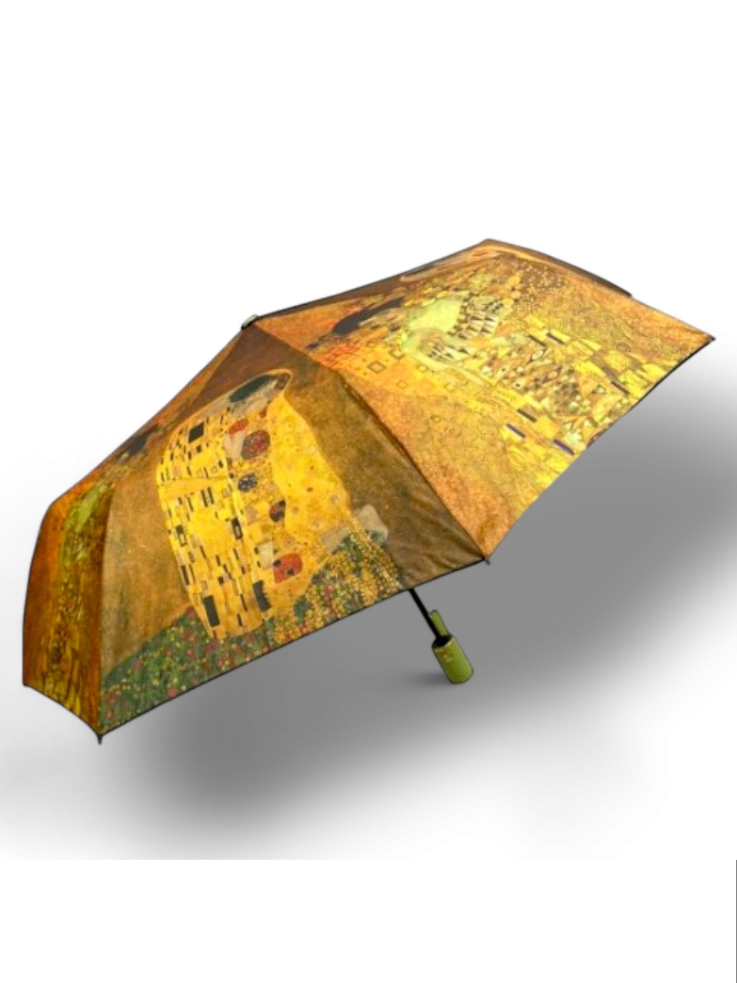 Umbrelă pliată cu imprimeu Gustav Klimt, ideală pentru transport și depozitare ușoară.