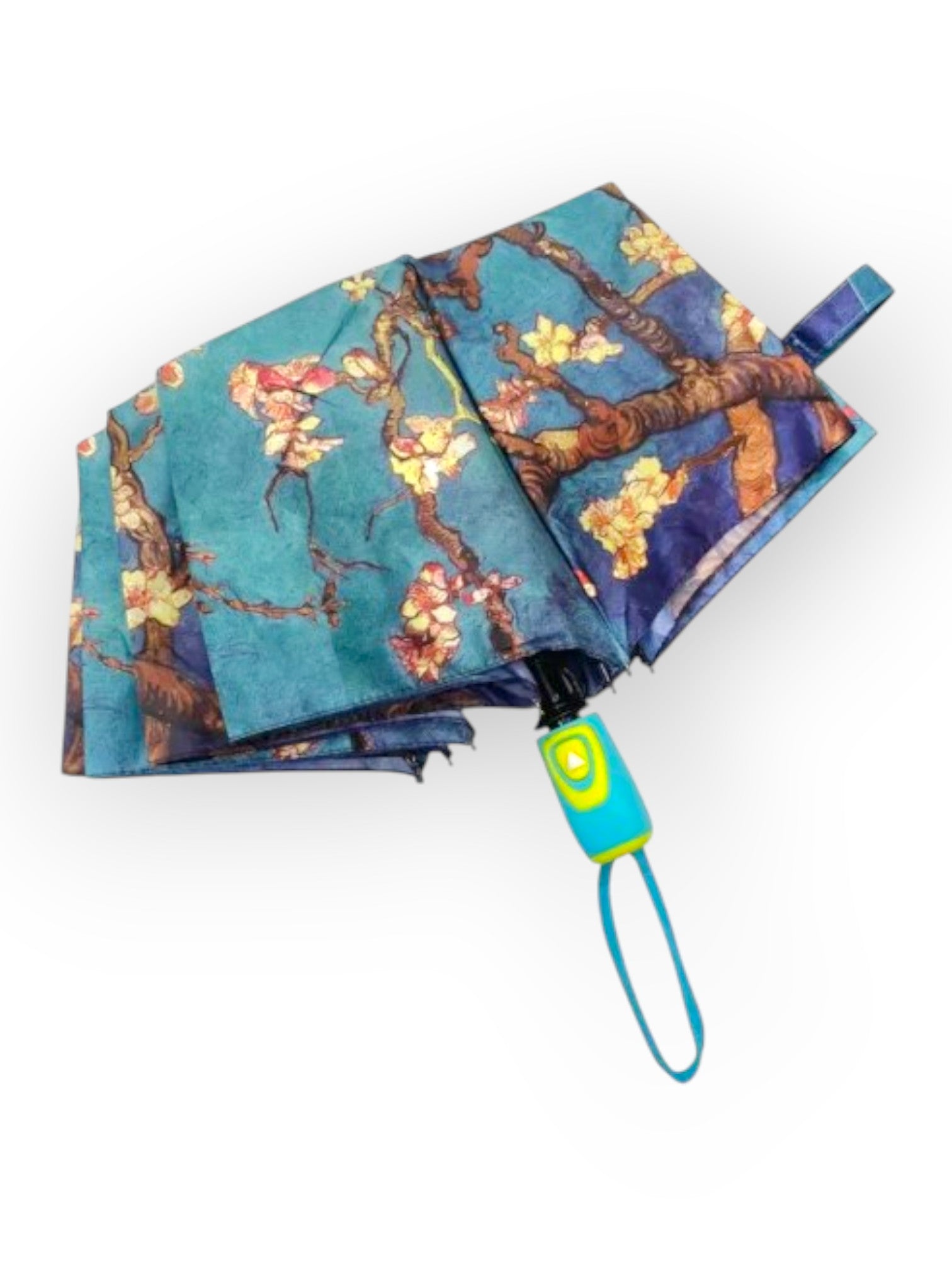 Umbrelă compactă, pliată, cu husă de transport și imprimeu artistic „Migdal Înflorit”.