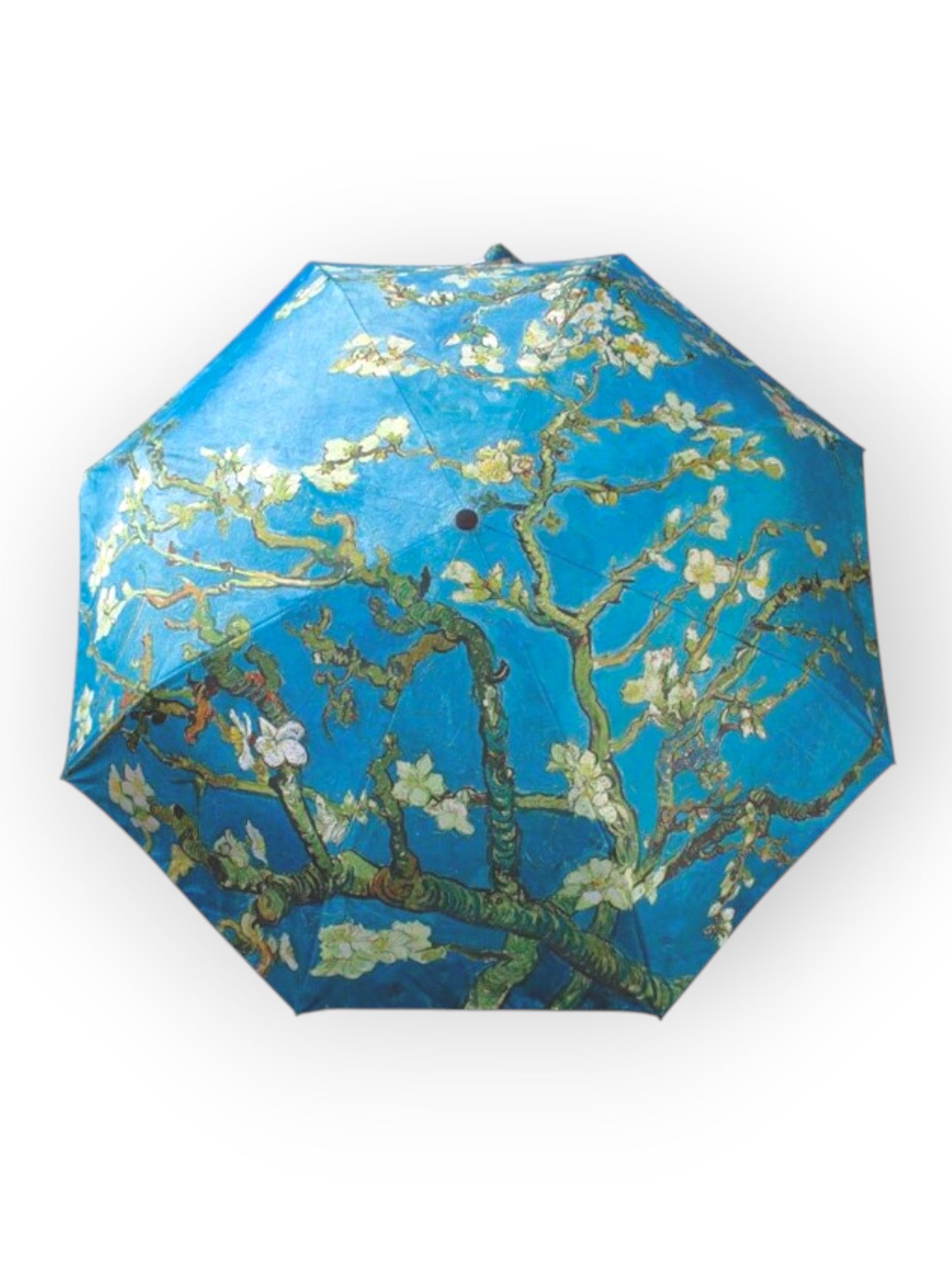 Umbrelă compactă, pliată, cu husă de transport și imprimeu artistic „Migdal Înflorit”.