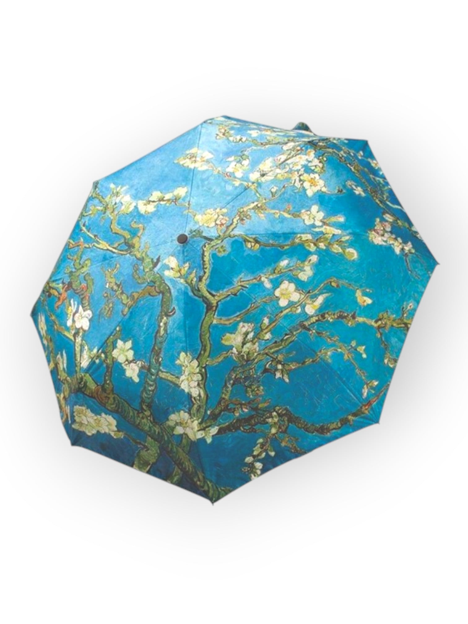 Vedere de sus a umbrelei cu model floral Van Gogh, evidențiind culorile vii și designul artistic.