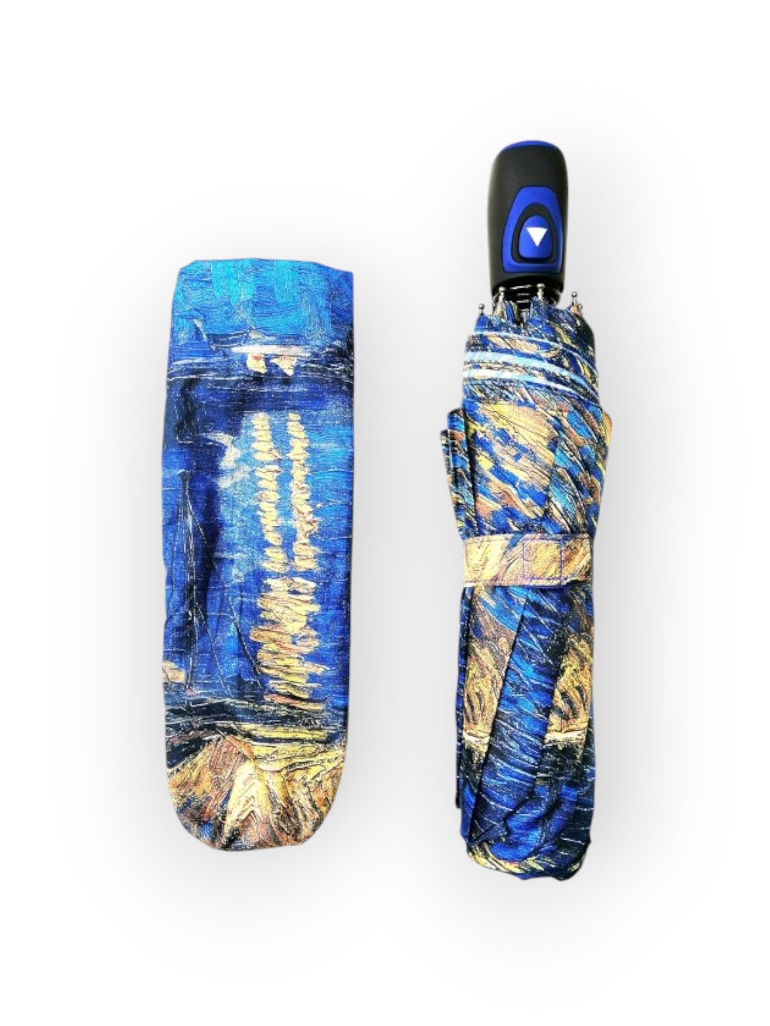 Umbrelă compactă, pliată, cu husă de transport și imprimeu artistic Van Gogh „Noaptea Înstelată”.