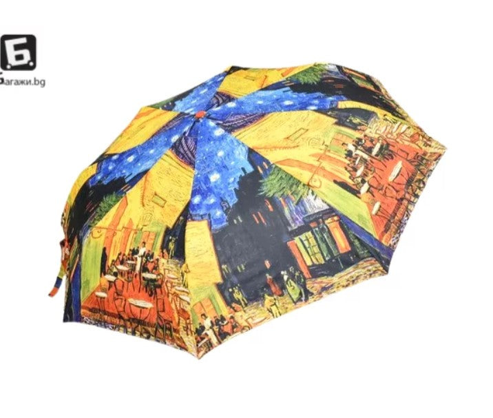 Umbrelă compactă, pliată, cu husă de transport și mâner ergonomic, decorată cu imprimeu Van Gogh.