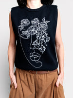 Detaliu broderie albă pe vestă neagră, desen floral și contur de chip, stil artistic.